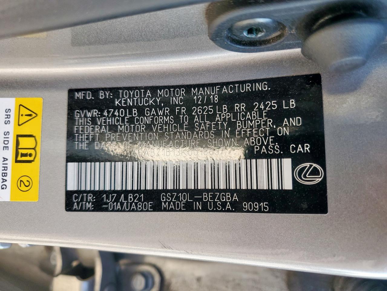 2019 Lexus Es 350 VIN: 58ABZ1B13KU018857 Lot: 84634275