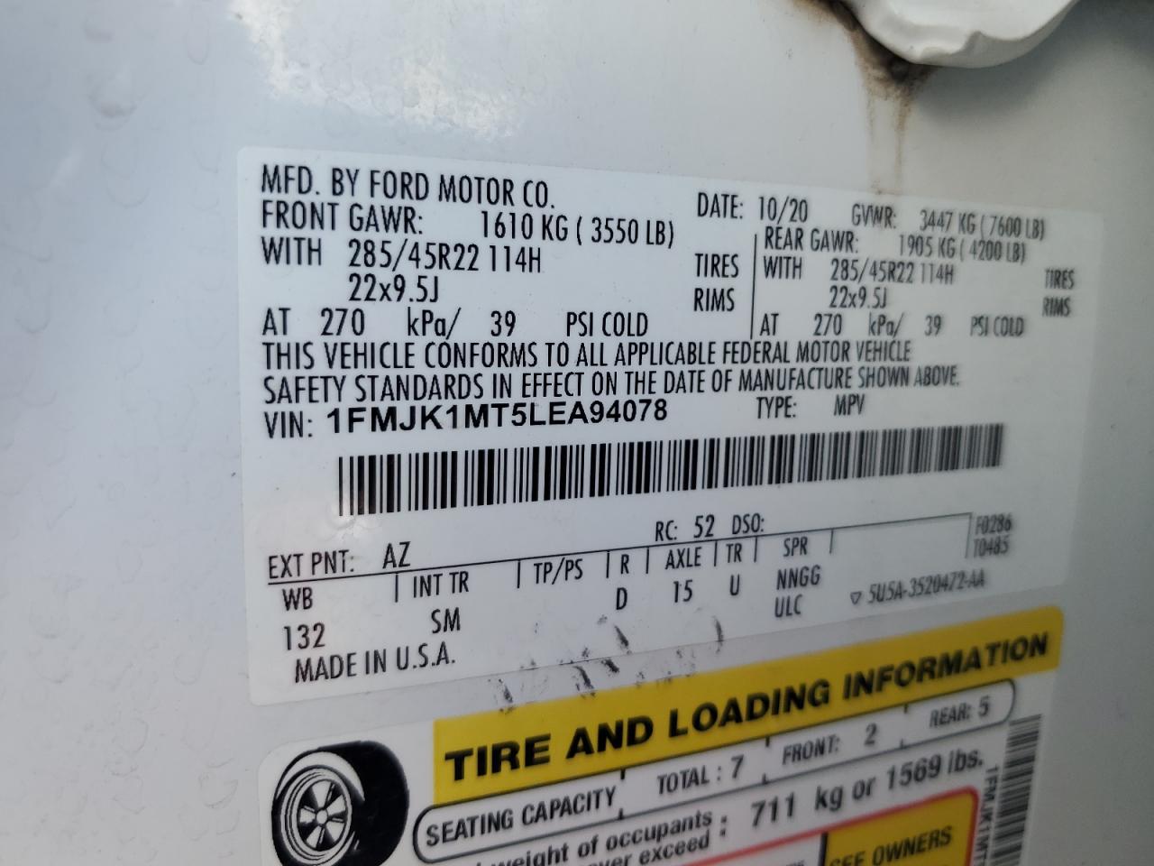 2020 Ford Expedition Max Platinum VIN: 1FMJK1MT5LEA94078 Lot: 85836645