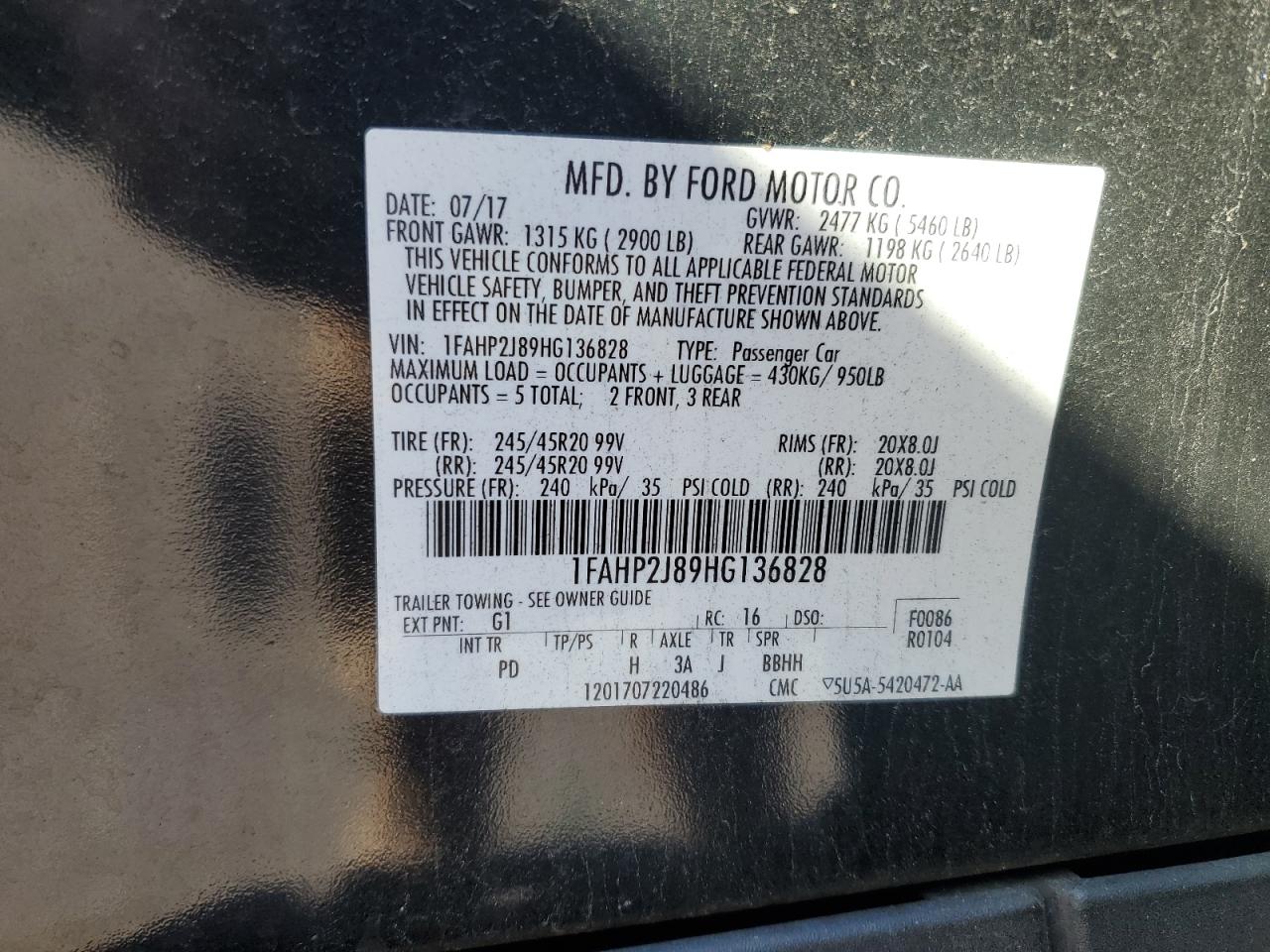 2017 Ford Taurus Limited VIN: 1FAHP2J89HG136828 Lot: 85195065