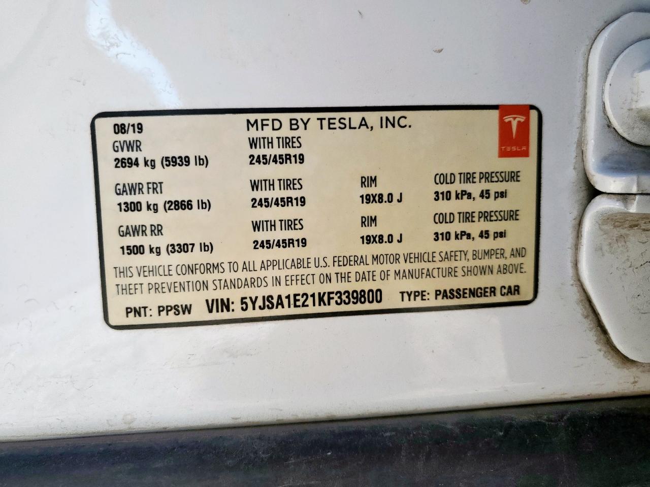 2019 Tesla Model S VIN: 5YJSA1E21KF339800 Lot: 82438045