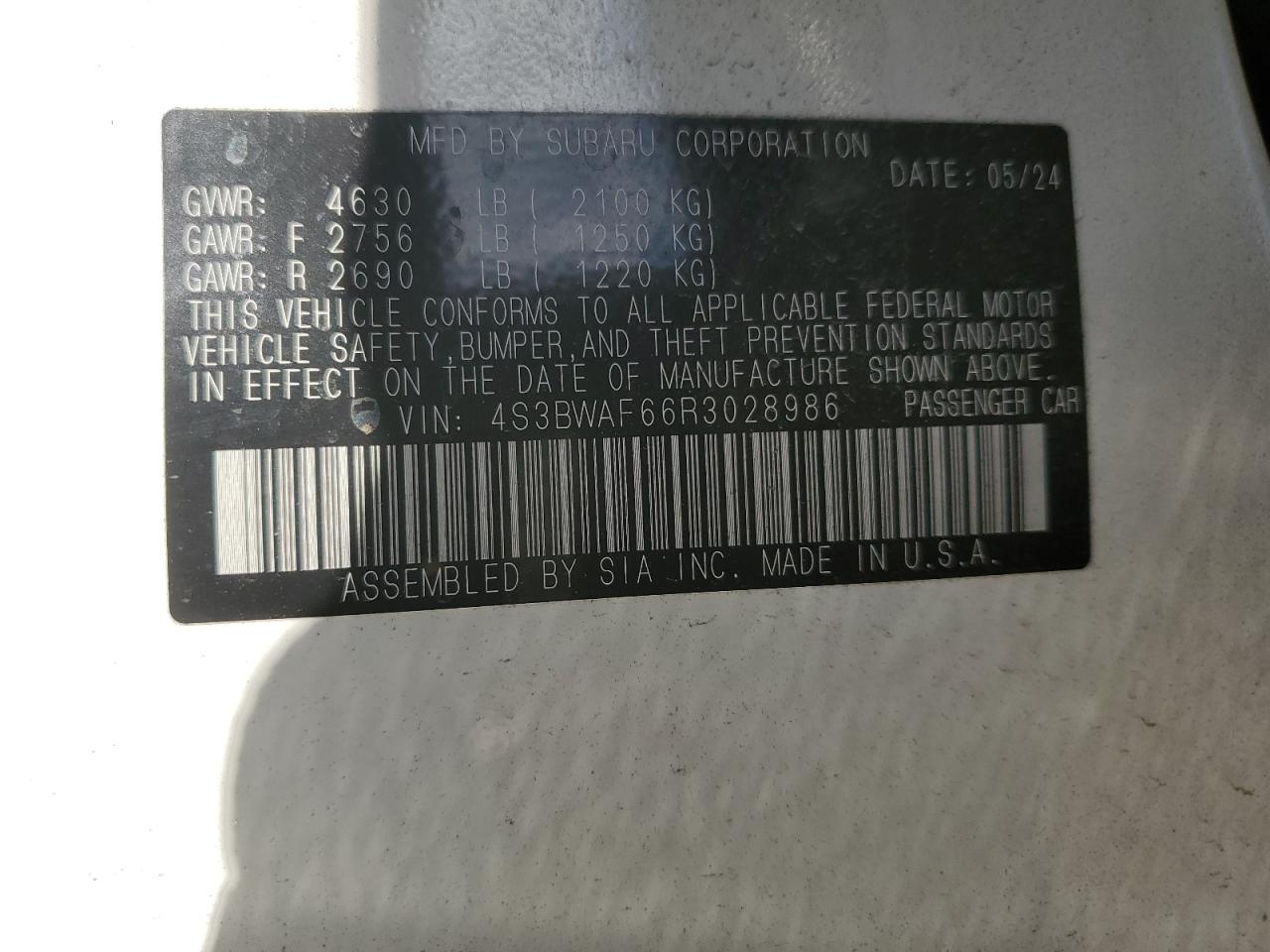 2024 Subaru Legacy Premium VIN: 4S3BWAF66R3028986 Lot: 90905585