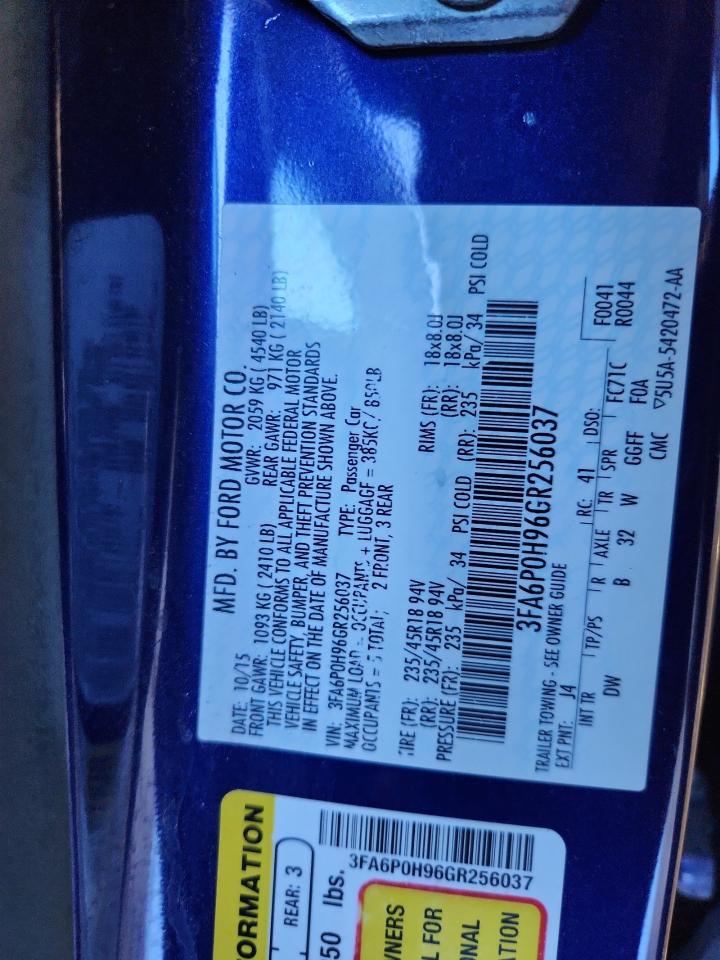 2016 Ford Fusion Se VIN: 3FA6P0H96GR256037 Lot: 82267985