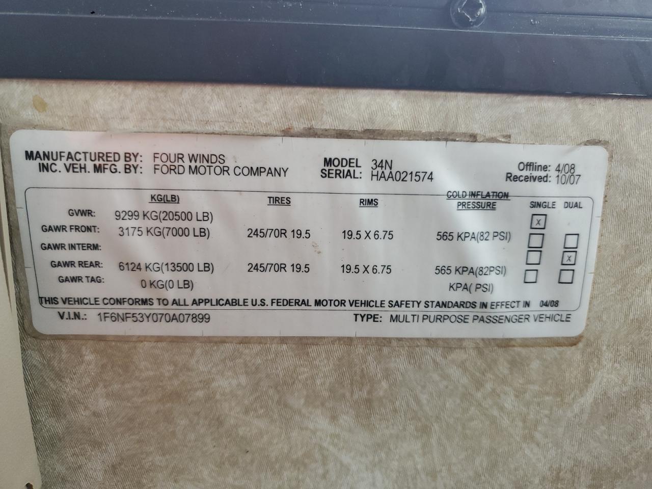 2009 Four Winds Hurricane - Rv VIN: 1F6NF53Y070A07899 Lot: 90590295