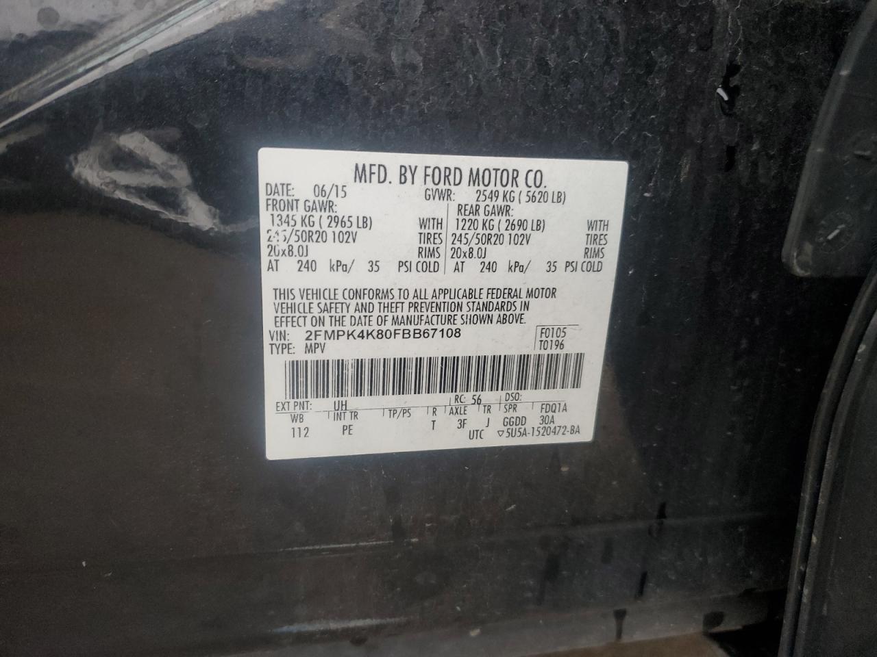 2015 Ford Edge Titanium VIN: 2FMPK4K80FBB67108 Lot: 89706745