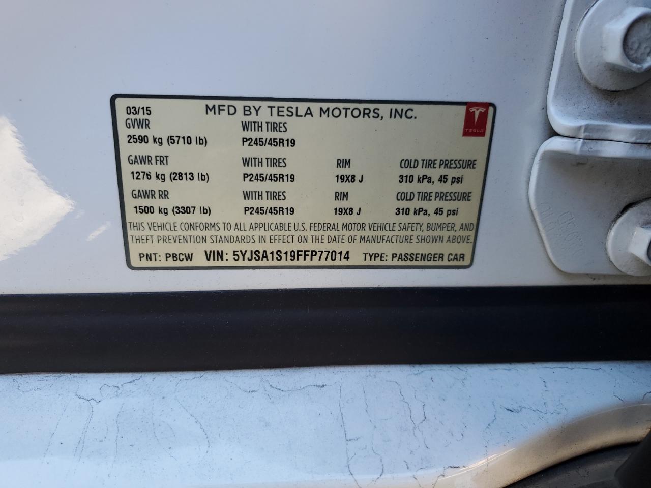 2015 Tesla Model S 60 VIN: 5YJSA1S19FFP77014 Lot: 86846255