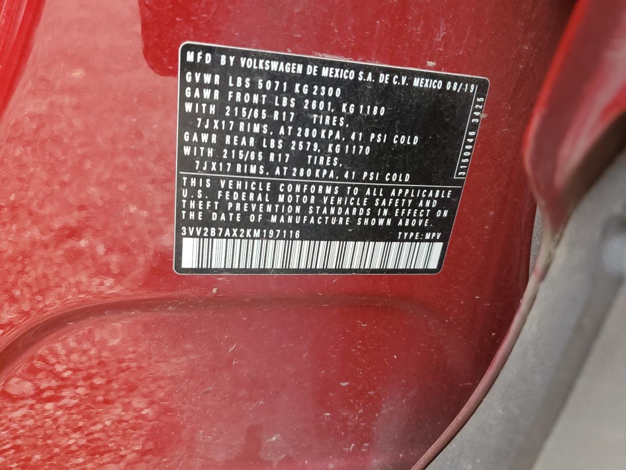 2019 Volkswagen Tiguan Se VIN: 3VV2B7AX2KM197116 Lot: 85570675