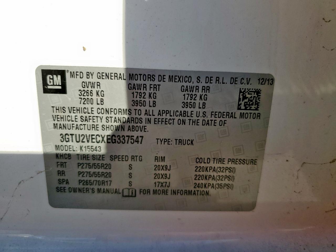 2014 GMC Sierra K1500 Slt VIN: 3GTU2VECXEG337547 Lot: 86048725