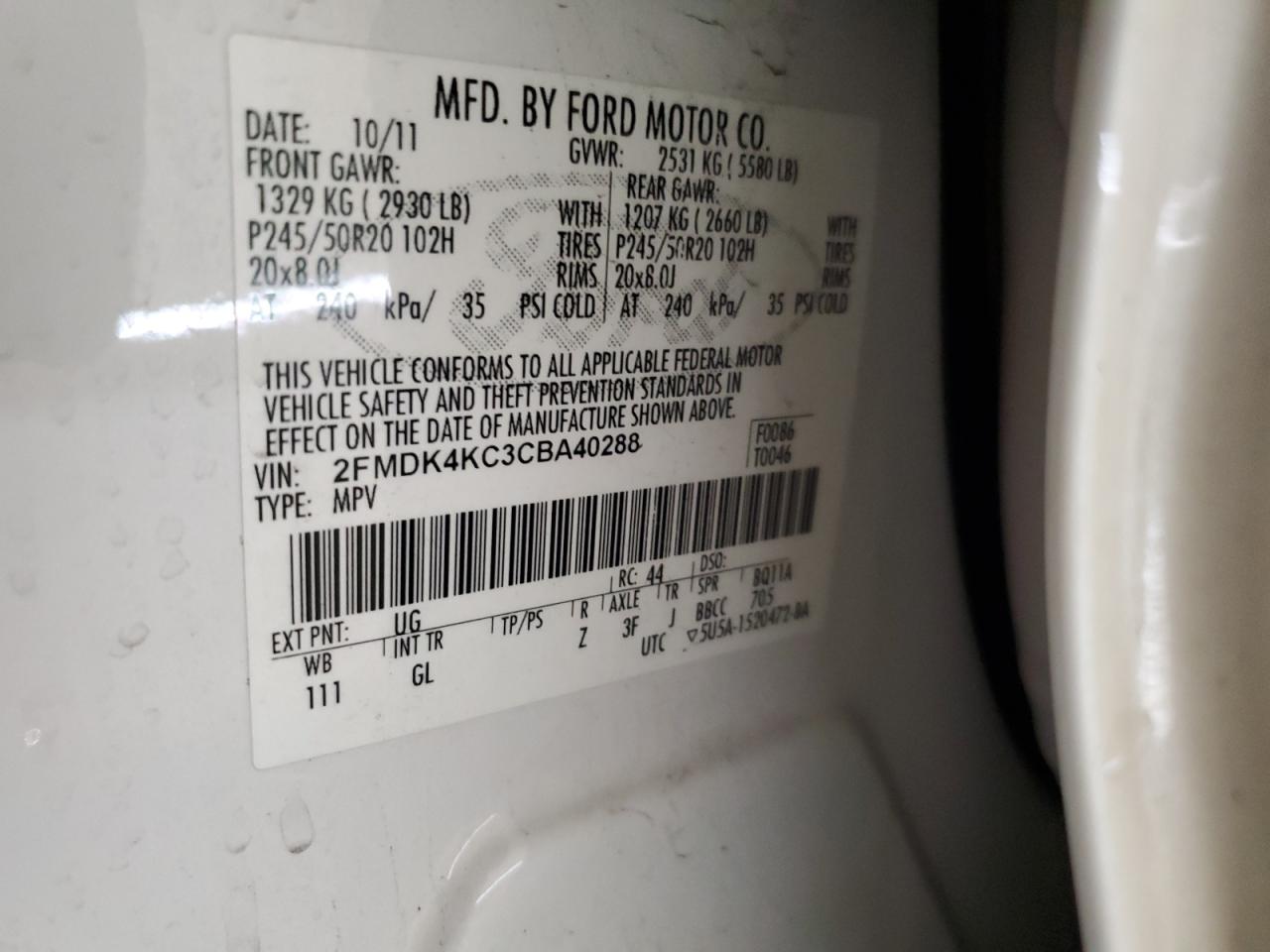 2012 Ford Edge Limited VIN: 2FMDK4KC3CBA40288 Lot: 85553345