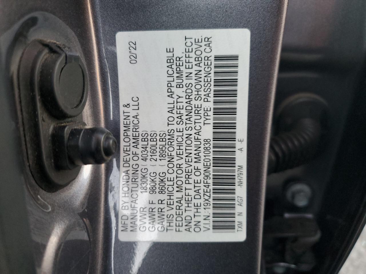 2022 Honda Insight Touring VIN: 19XZE4F90NE010838 Lot: 87308355