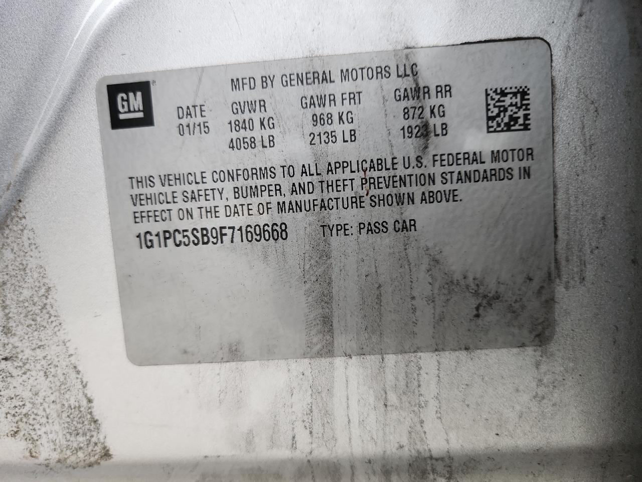 2015 Chevrolet Cruze Lt VIN: 1G1PC5SB9F7169668 Lot: 82314125