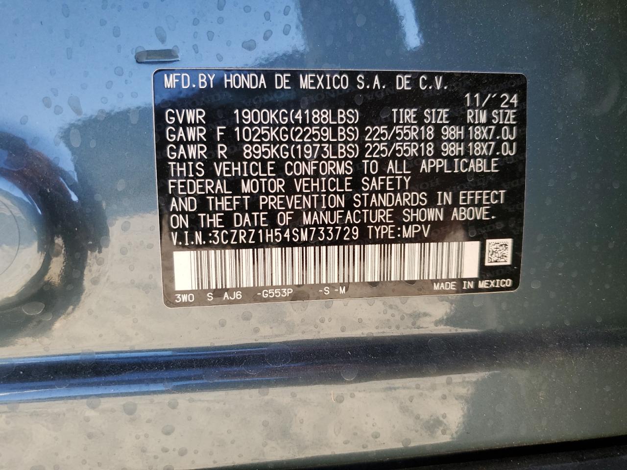 2025 Honda Hr-V Sport VIN: 3CZRZ1H54SM733729 Lot: 86612345