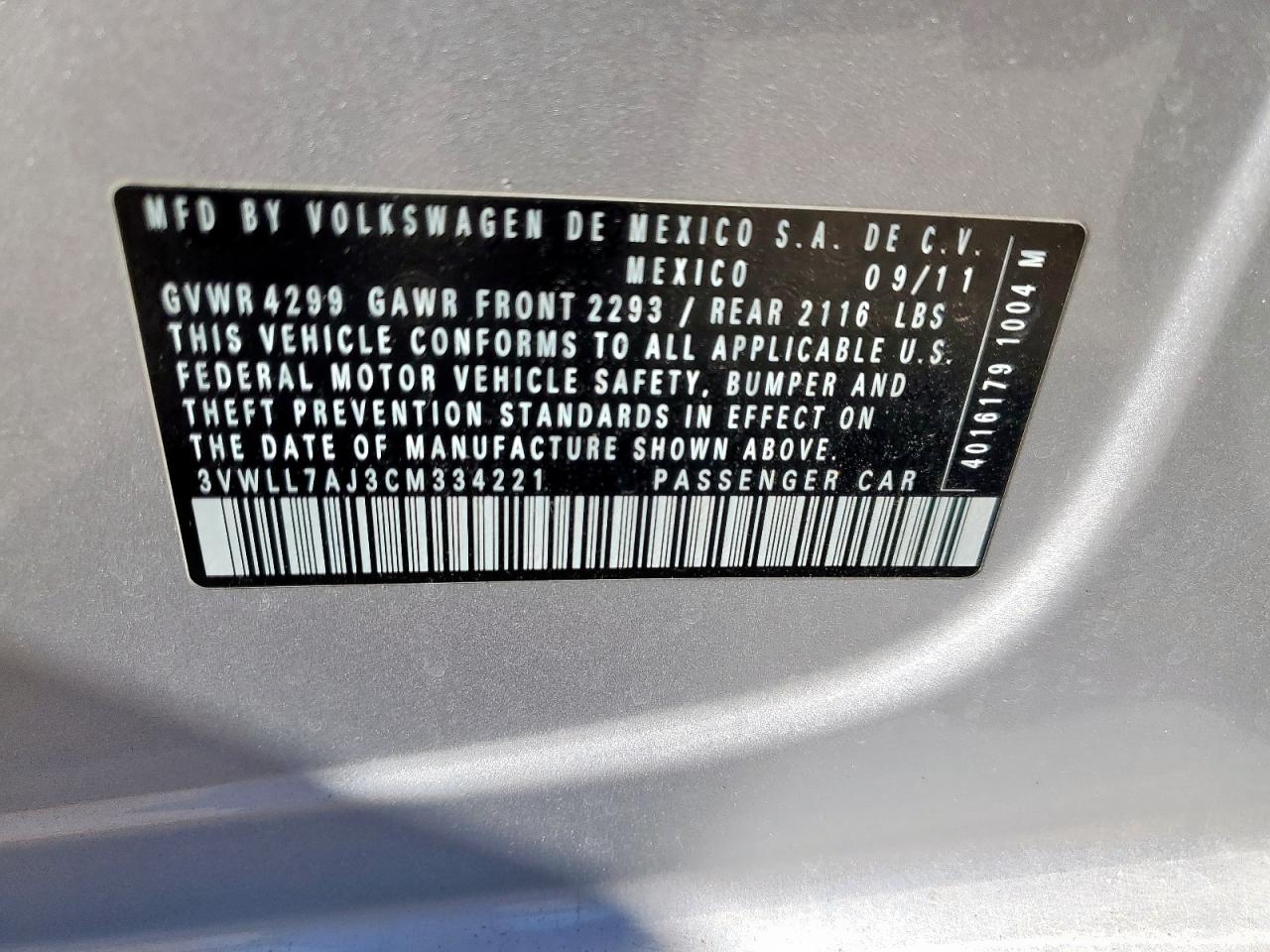 2012 Volkswagen Jetta Tdi VIN: 3VWLL7AJ3CM334221 Lot: 90687875