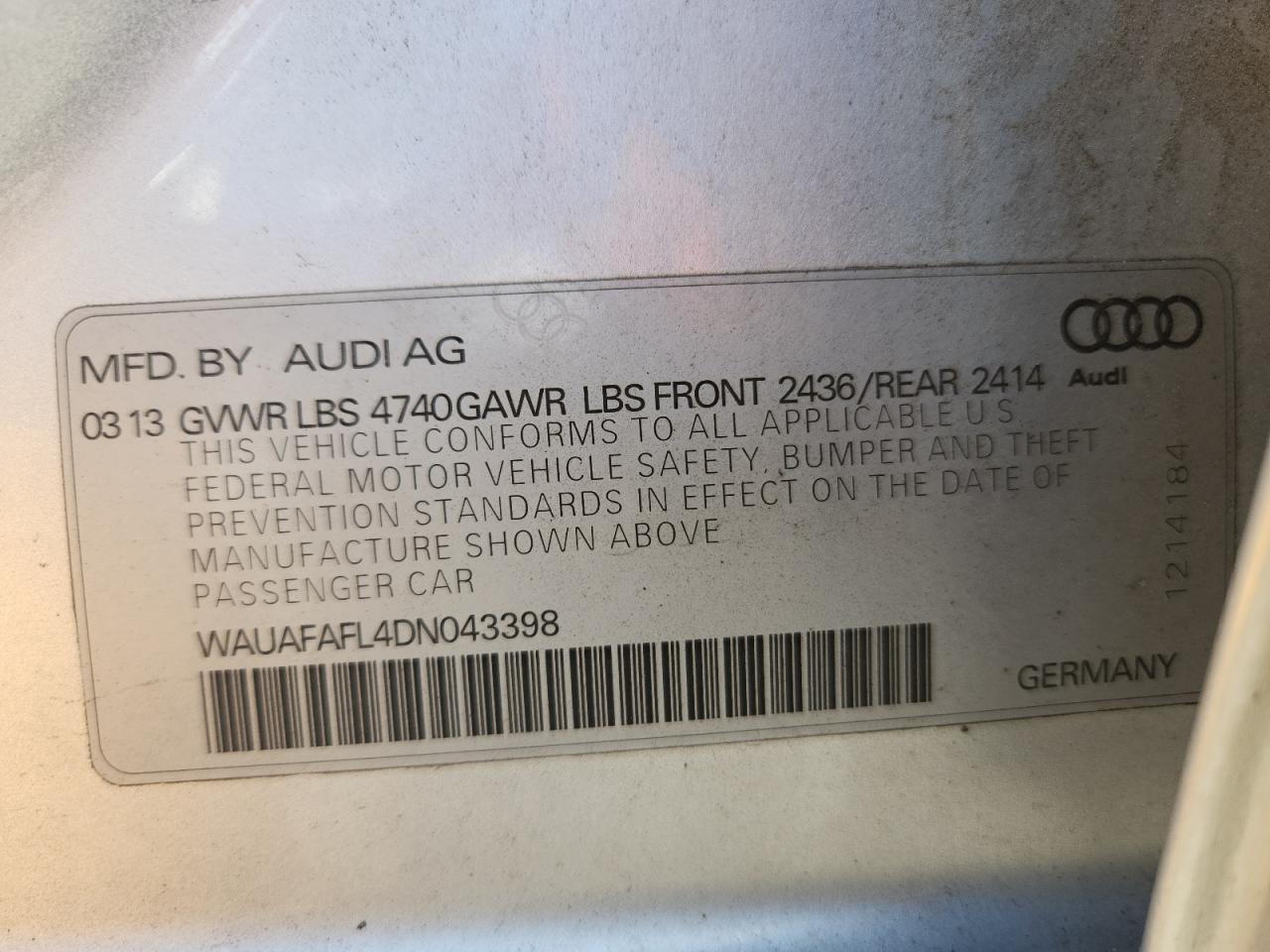 2013 Audi A4 Premium VIN: WAUAFAFL4DN043398 Lot: 85163245