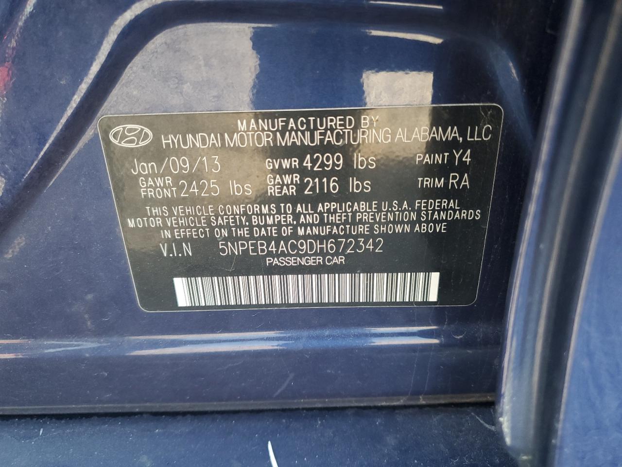 2013 Hyundai Sonata Gls VIN: 5NPEB4AC9DH672342 Lot: 84987645