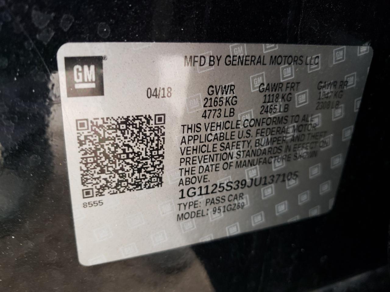 2018 Chevrolet Impala Premier VIN: 1G1125S39JU137105 Lot: 84832945