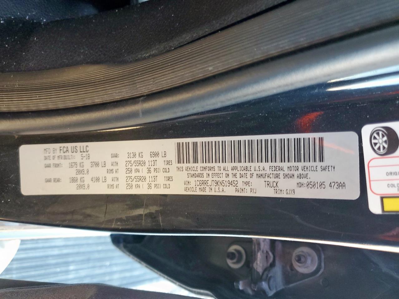 2019 Ram 1500 Laramie VIN: 1C6RREJT9KN519452 Lot: 90574845