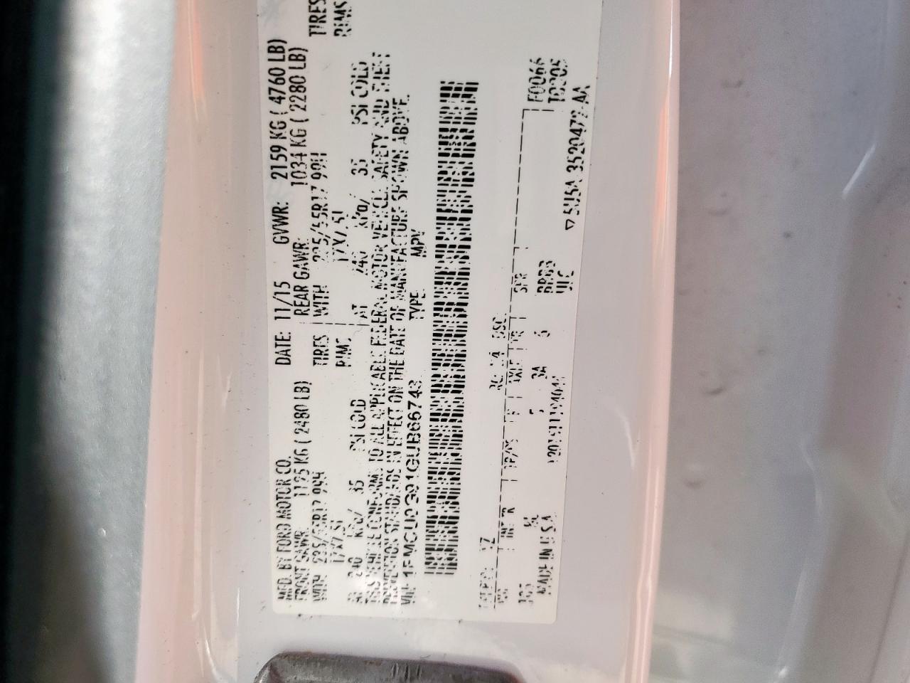 2016 Ford Escape Se VIN: 1FMCU0G91GUB66743 Lot: 86143235