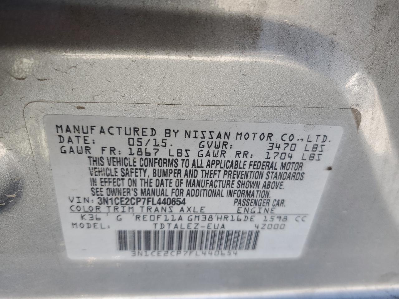 2015 Nissan Versa Note S VIN: 3N1CE2CP7FL440654 Lot: 84001345