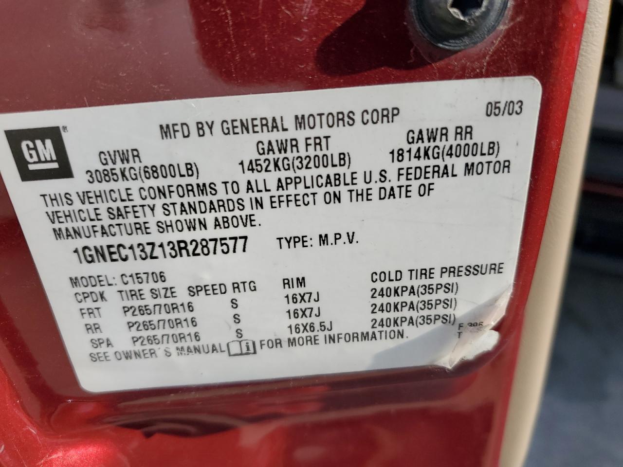 2003 Chevrolet Tahoe C1500 VIN: 1GNEC13Z13R287577 Lot: 89577965