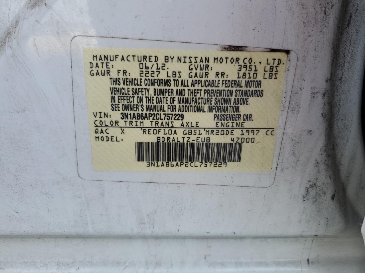 2012 Nissan Sentra 2.0 VIN: 3N1AB6AP2CL757229 Lot: 86225975