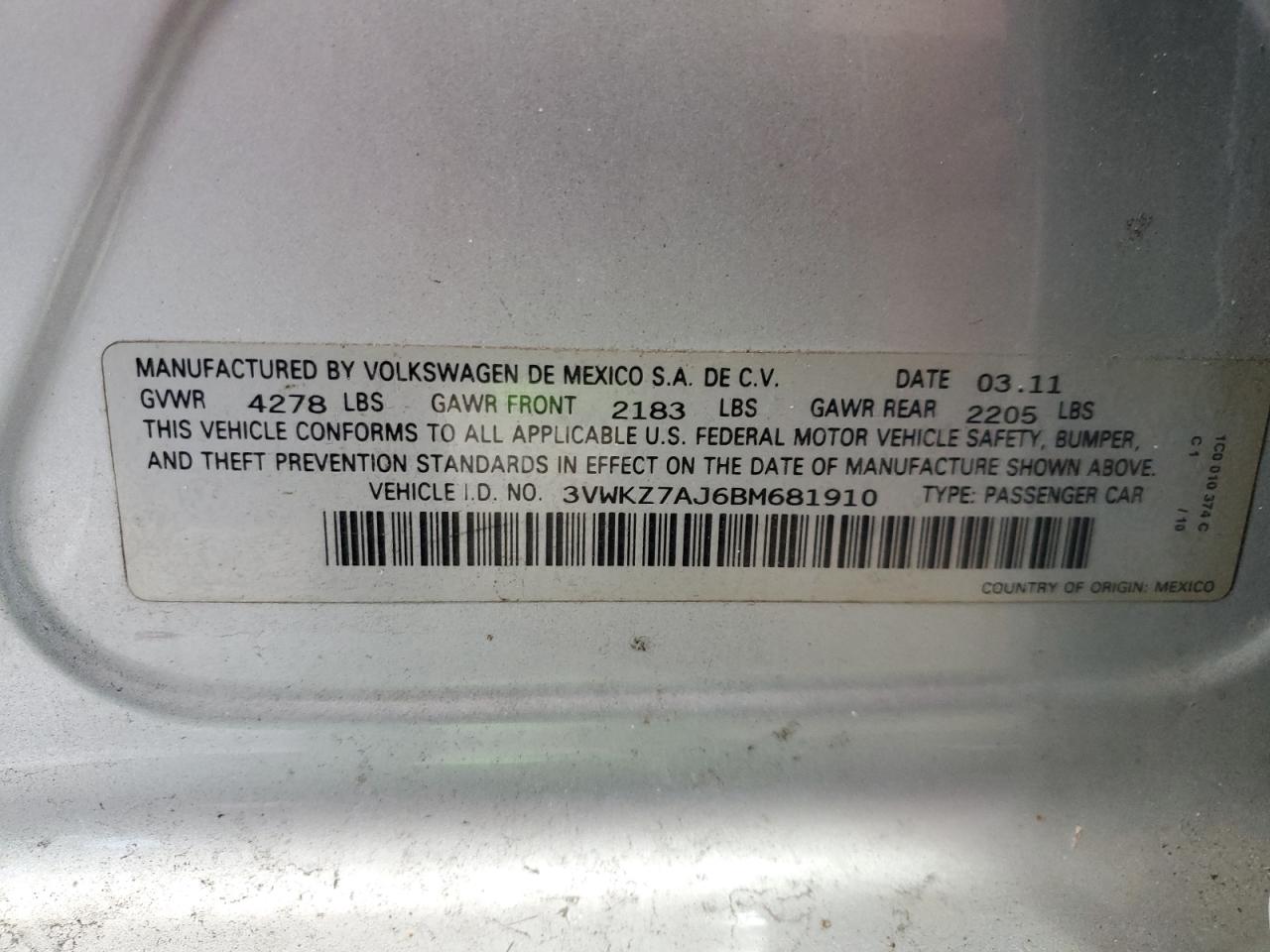 2011 Volkswagen Jetta S VIN: 3VWKZ7AJ6BM681910 Lot: 85166805