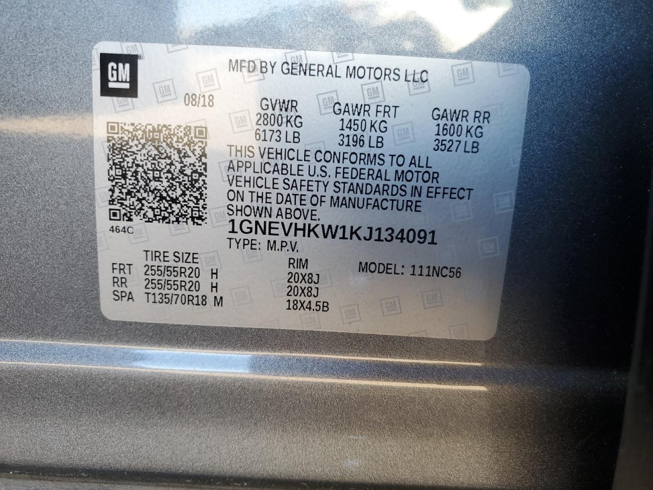 2019 Chevrolet Traverse Lt VIN: 1GNEVHKW1KJ134091 Lot: 85136965