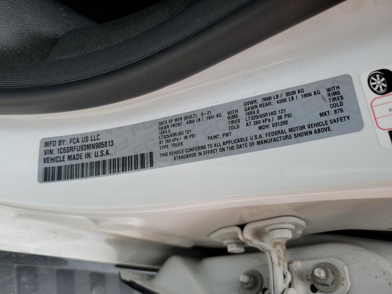 2021 Ram 1500 Trx VIN: 1C6SRFU93MN905813 Lot: 85862645