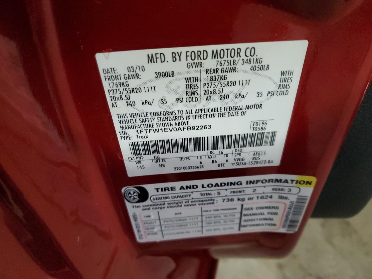 2010 Ford F150 Supercrew VIN: 1FTFW1EV0AFB92263 Lot: 90665255