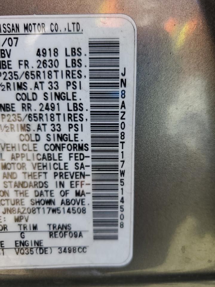 2007 Nissan Murano Sl VIN: JN8AZ08T17W514508 Lot: 85574365