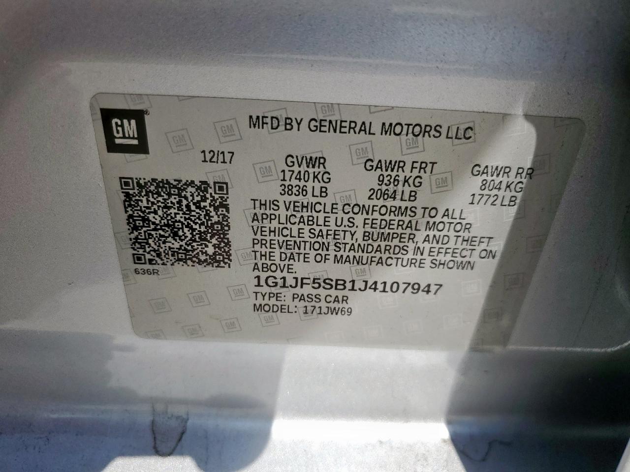 2018 Chevrolet Sonic Premier VIN: 1G1JF5SB1J4107947 Lot: 85926365