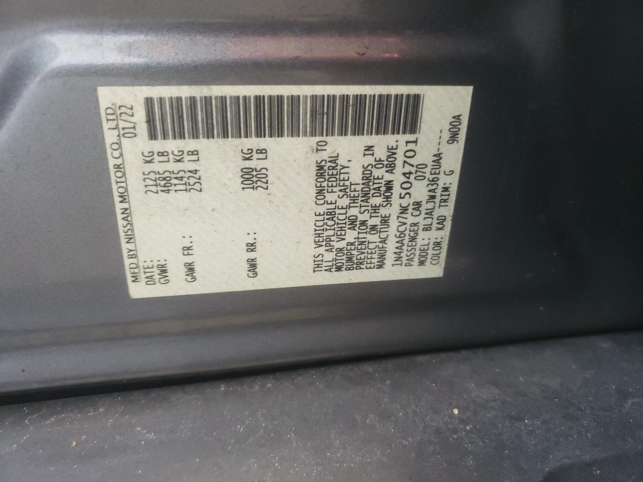 2022 Nissan Maxima Sv VIN: 1N4AA6CV7NC504701 Lot: 86613685