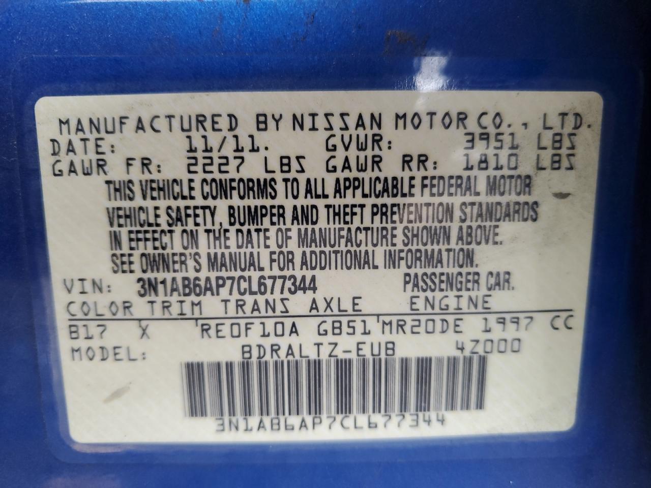 2011 Nissan Sentra 2.0 VIN: 3N1AB6AP7CL677344 Lot: 85597145