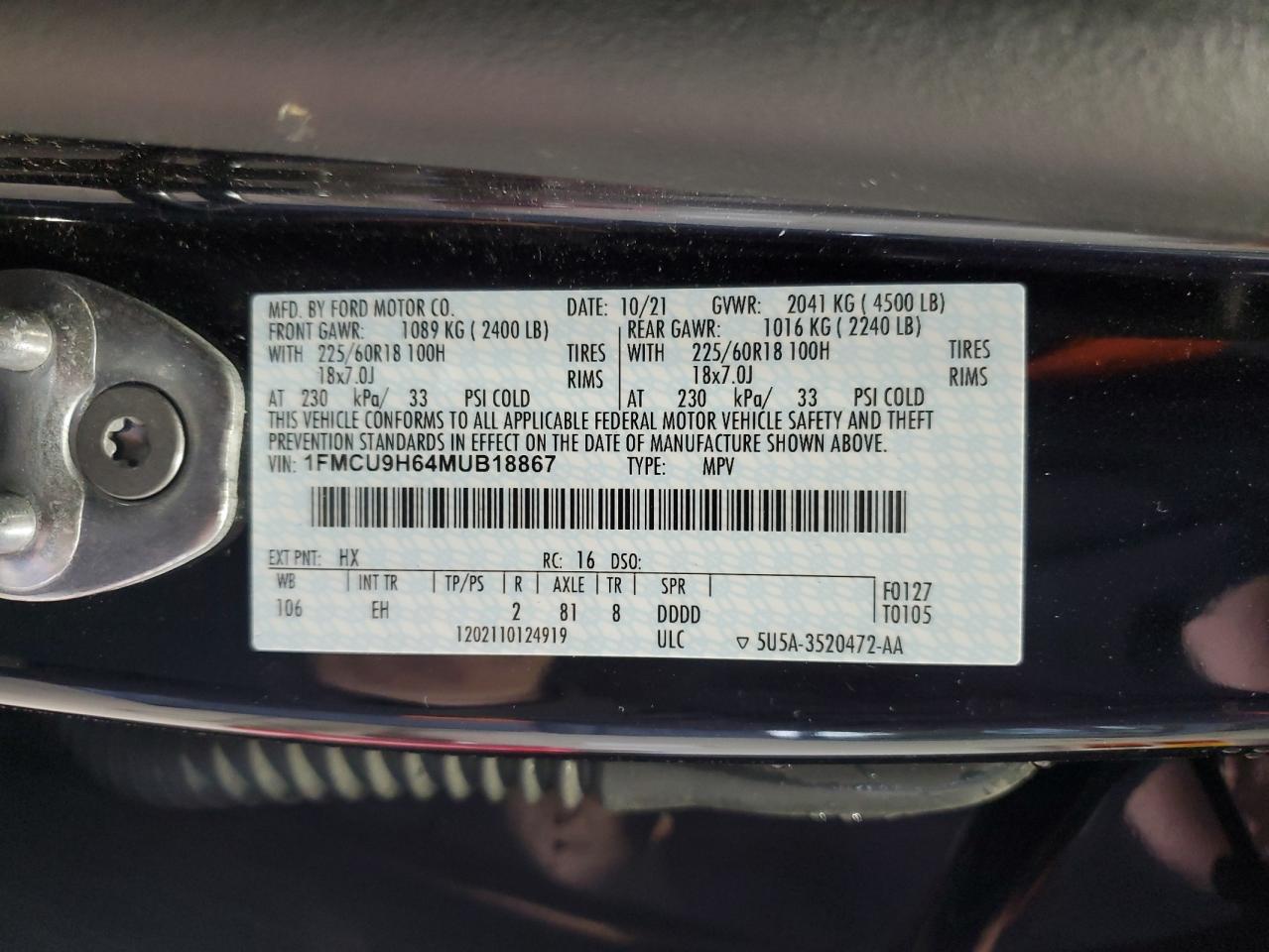 2021 Ford Escape Sel VIN: 1FMCU9H64MUB18867 Lot: 85926145