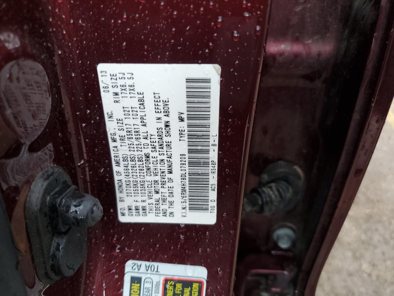 2013 Honda Cr-V Exl VIN: 5J6RM4H78DL079209 Lot: 84561175