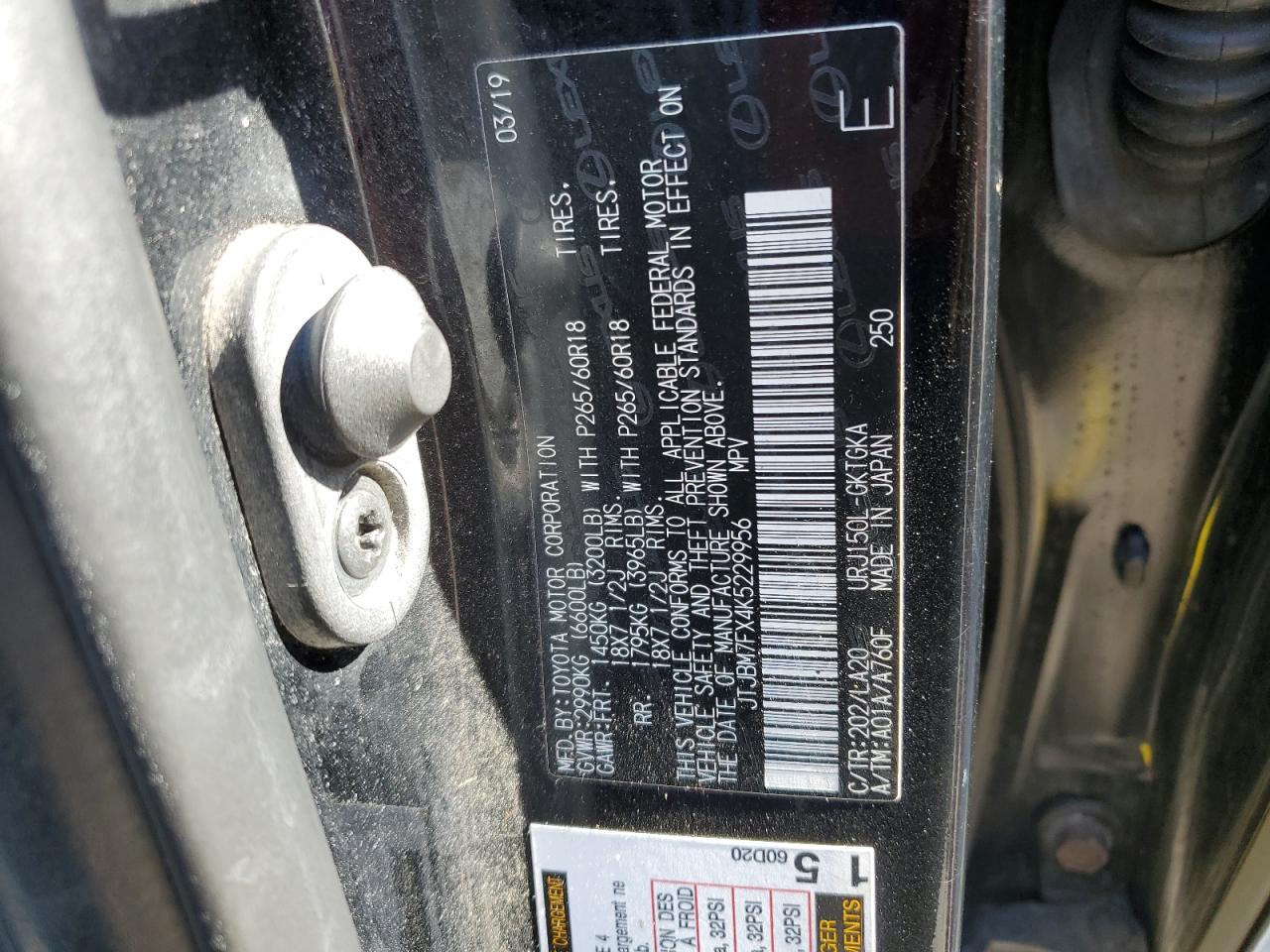 2019 Lexus Gx 460 VIN: JTJBM7FX4K5229956 Lot: 82113545