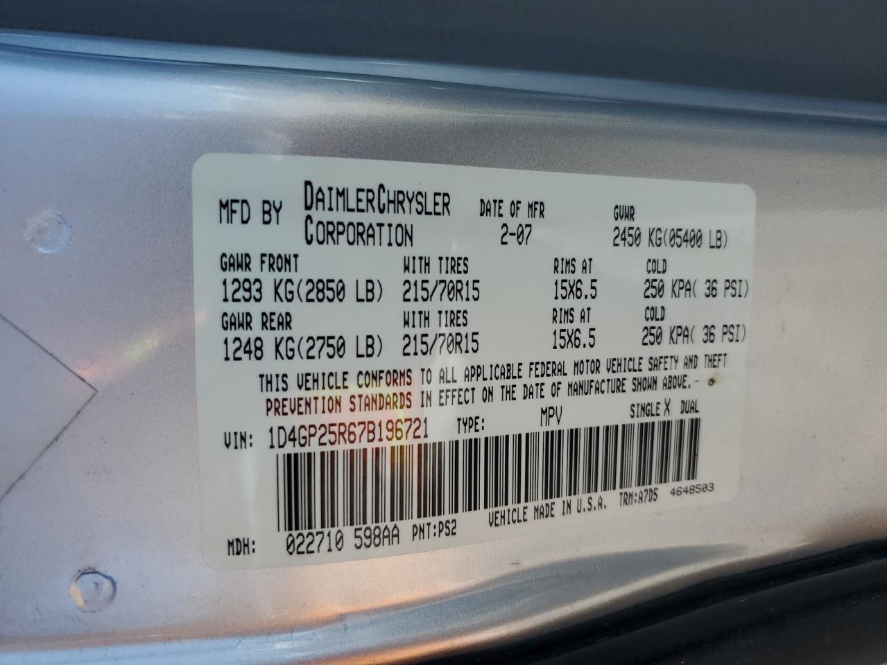 2007 Dodge Caravan Se VIN: 1D4GP25R67B196721 Lot: 82289685