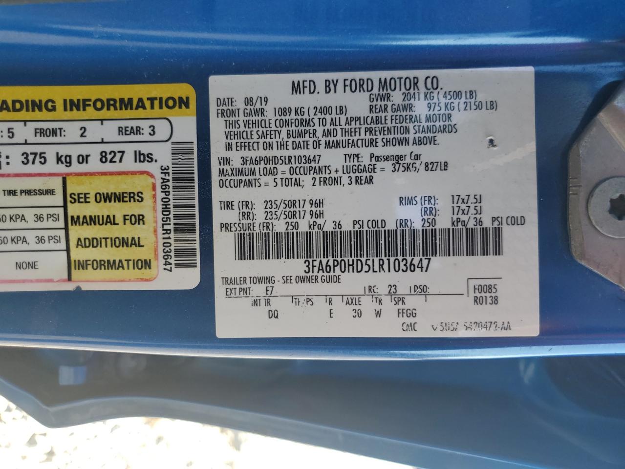 2020 Ford Fusion Se VIN: 3FA6P0HD5LR103647 Lot: 86297695