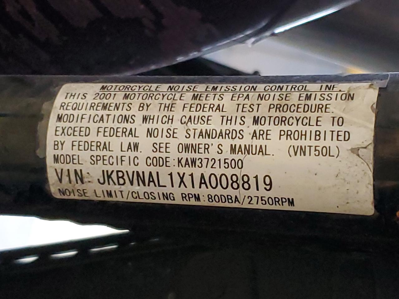 2001 Kawasaki Vn1500 L VIN: JKBVNAL1X1A008819 Lot: 90267605
