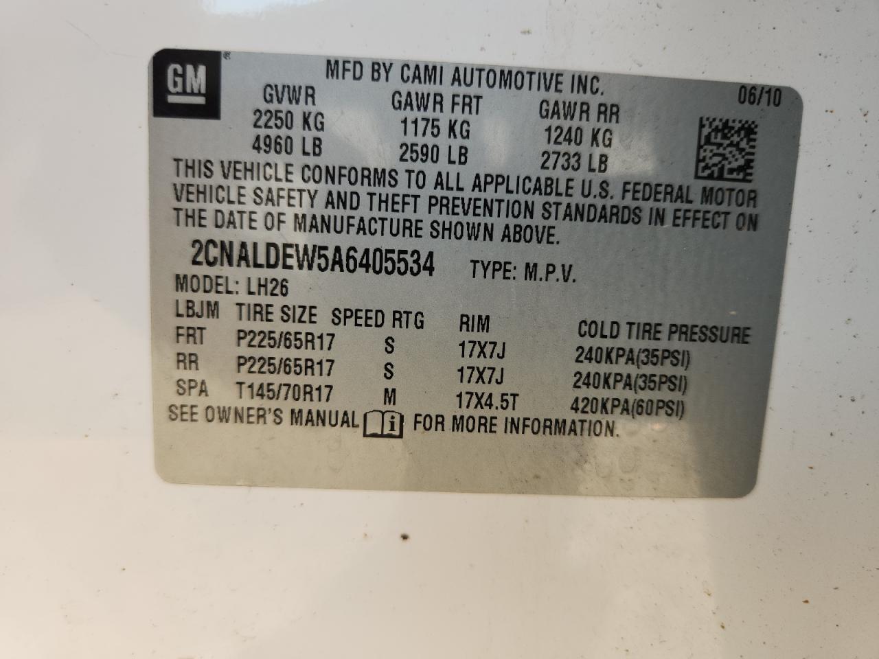 2010 Chevrolet Equinox Lt VIN: 2CNALDEW5A6405534 Lot: 86473825