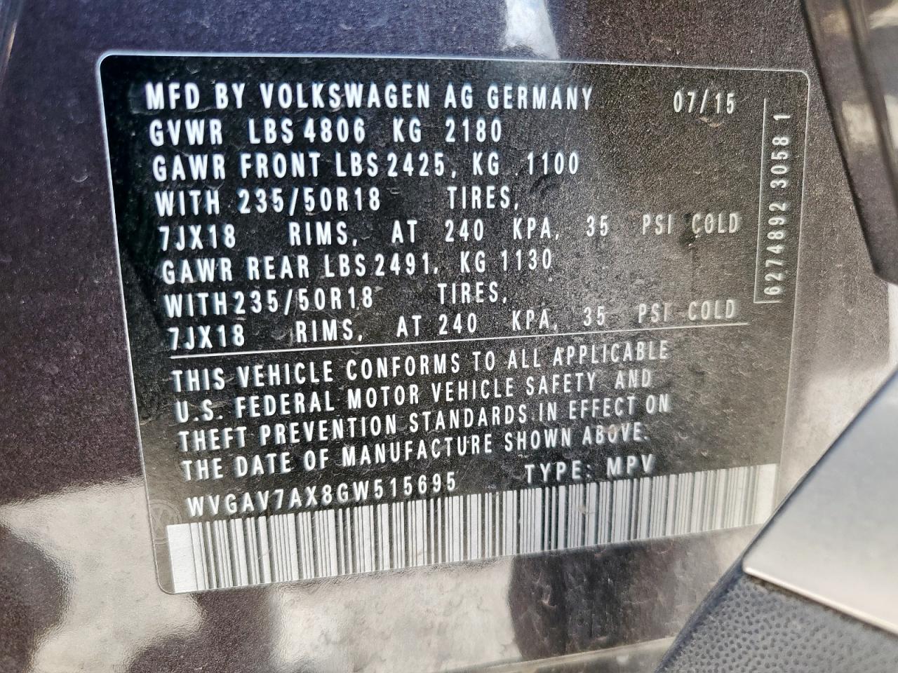 2016 Volkswagen Tiguan S VIN: WVGAV7AX8GW515695 Lot: 85362125