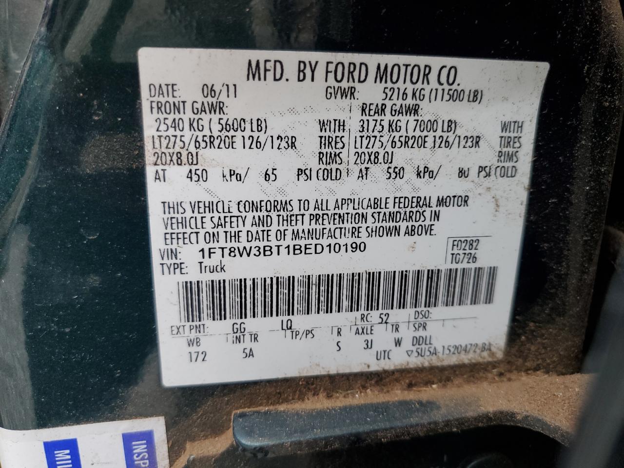 2011 Ford F350 Super Duty VIN: 1FT8W3BT1BED10190 Lot: 83966625