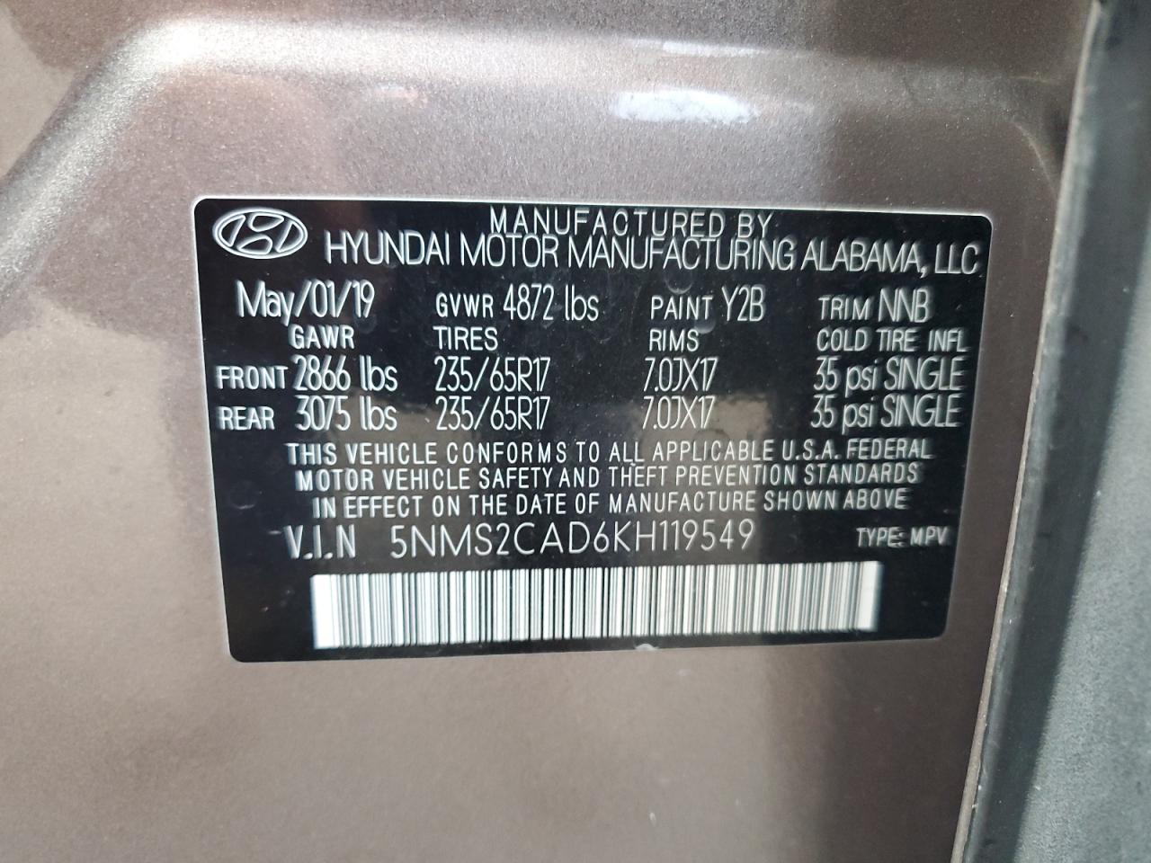 2019 Hyundai Santa Fe Se VIN: 5NMS2CAD6KH119549 Lot: 82317885