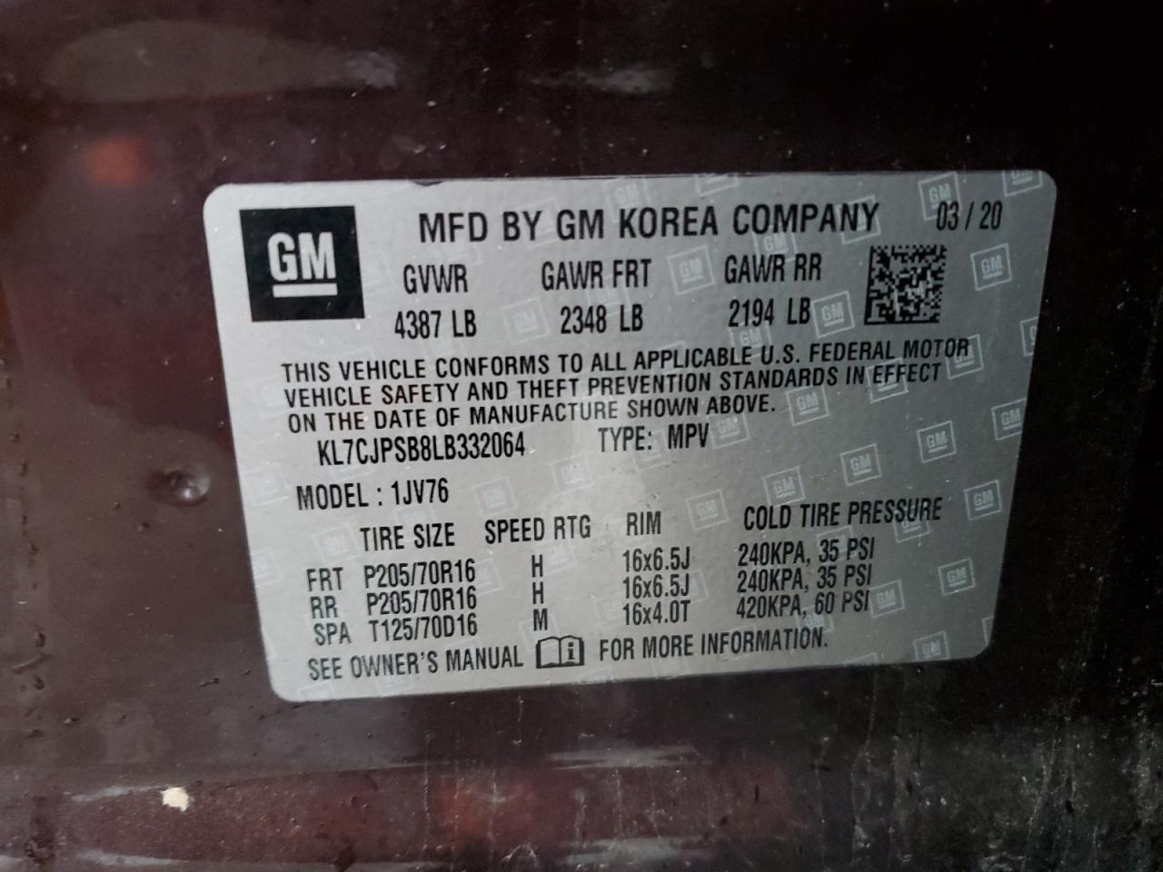 2020 Chevrolet Trax 1Lt VIN: KL7CJPSB8LB332064 Lot: 84436295