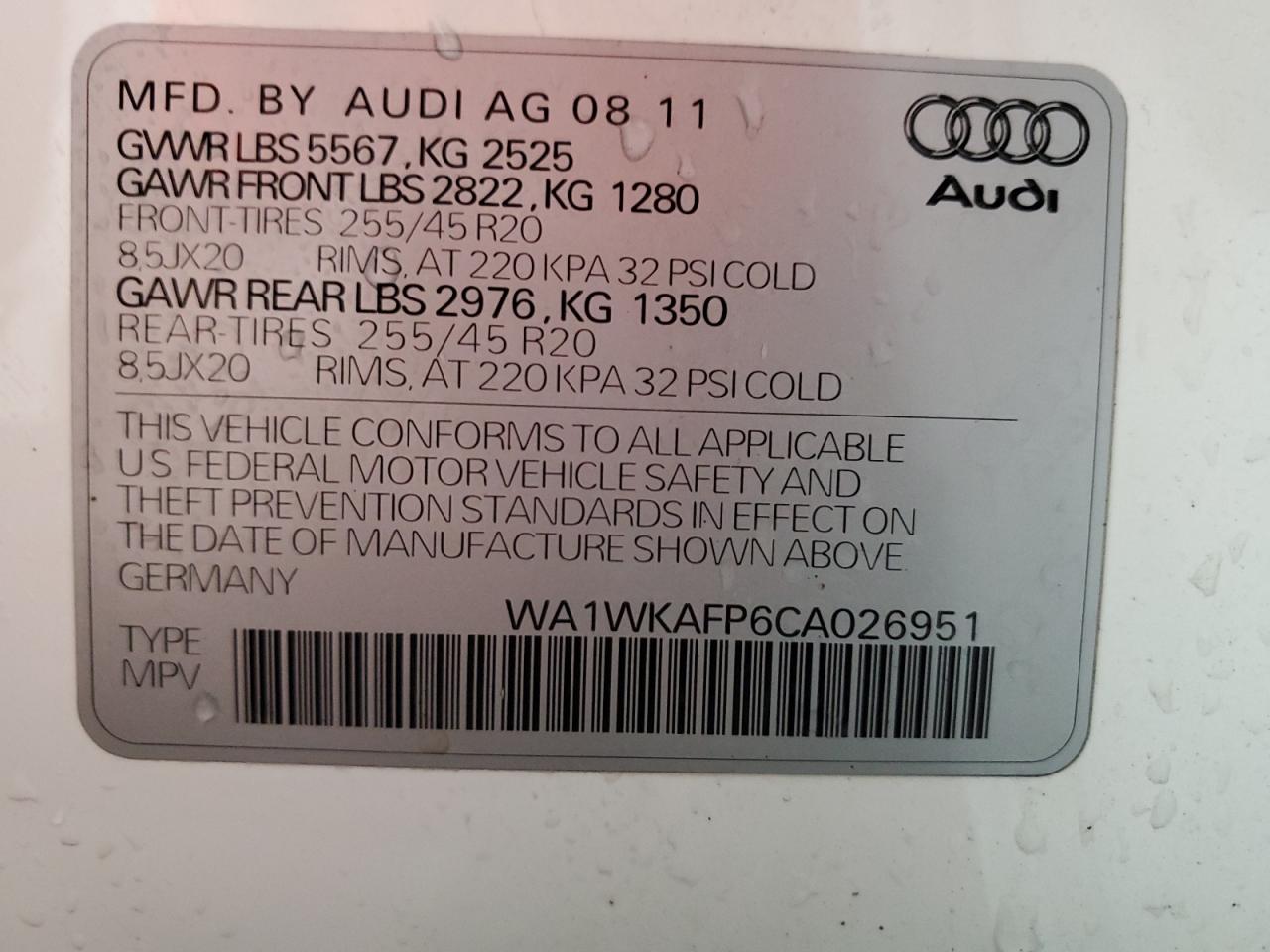 2012 Audi Q5 Prestige VIN: WA1WKAFP6CA026951 Lot: 89696595