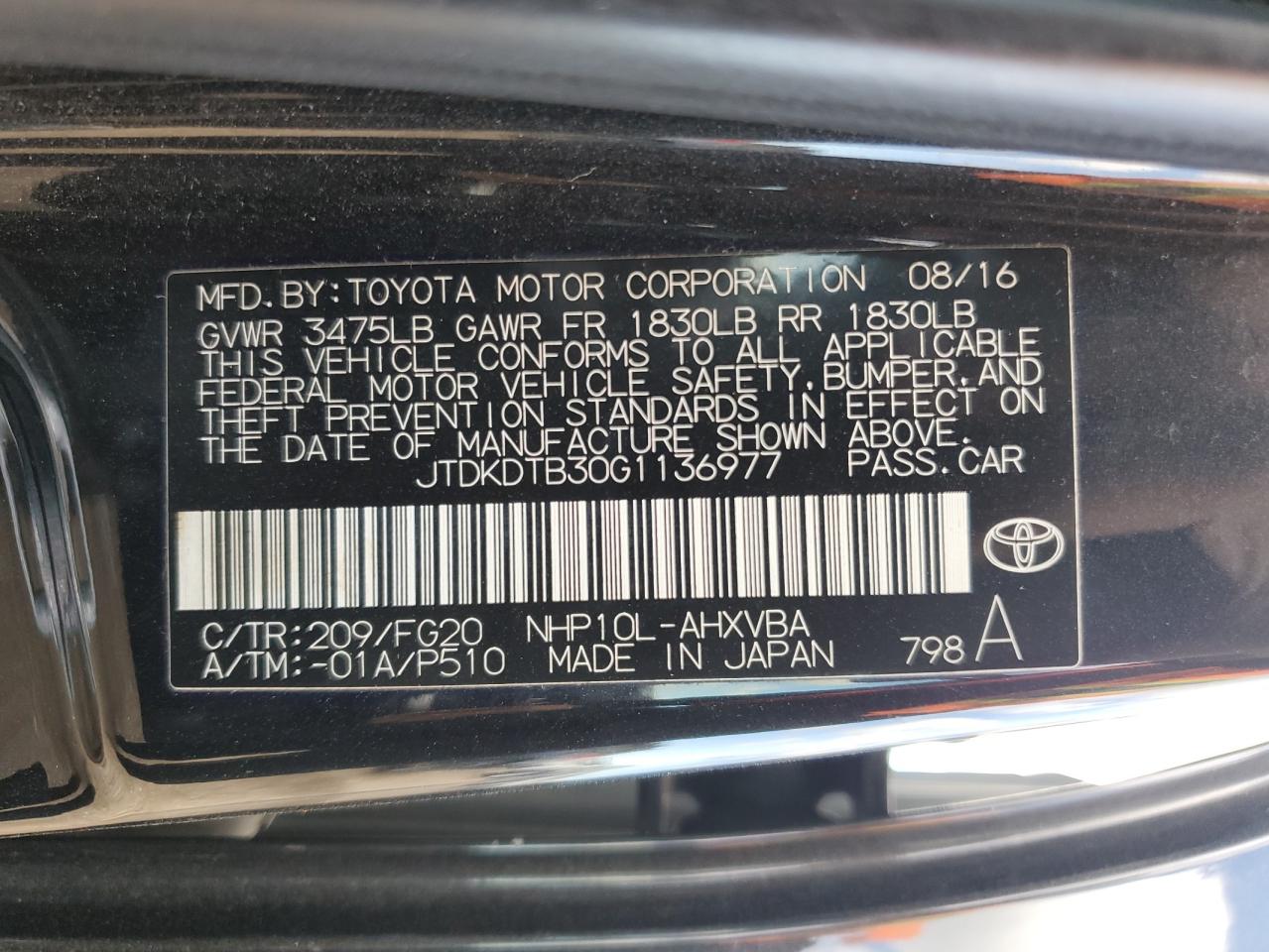 2016 Toyota Prius C VIN: JTDKDTB30G1136977 Lot: 85958265