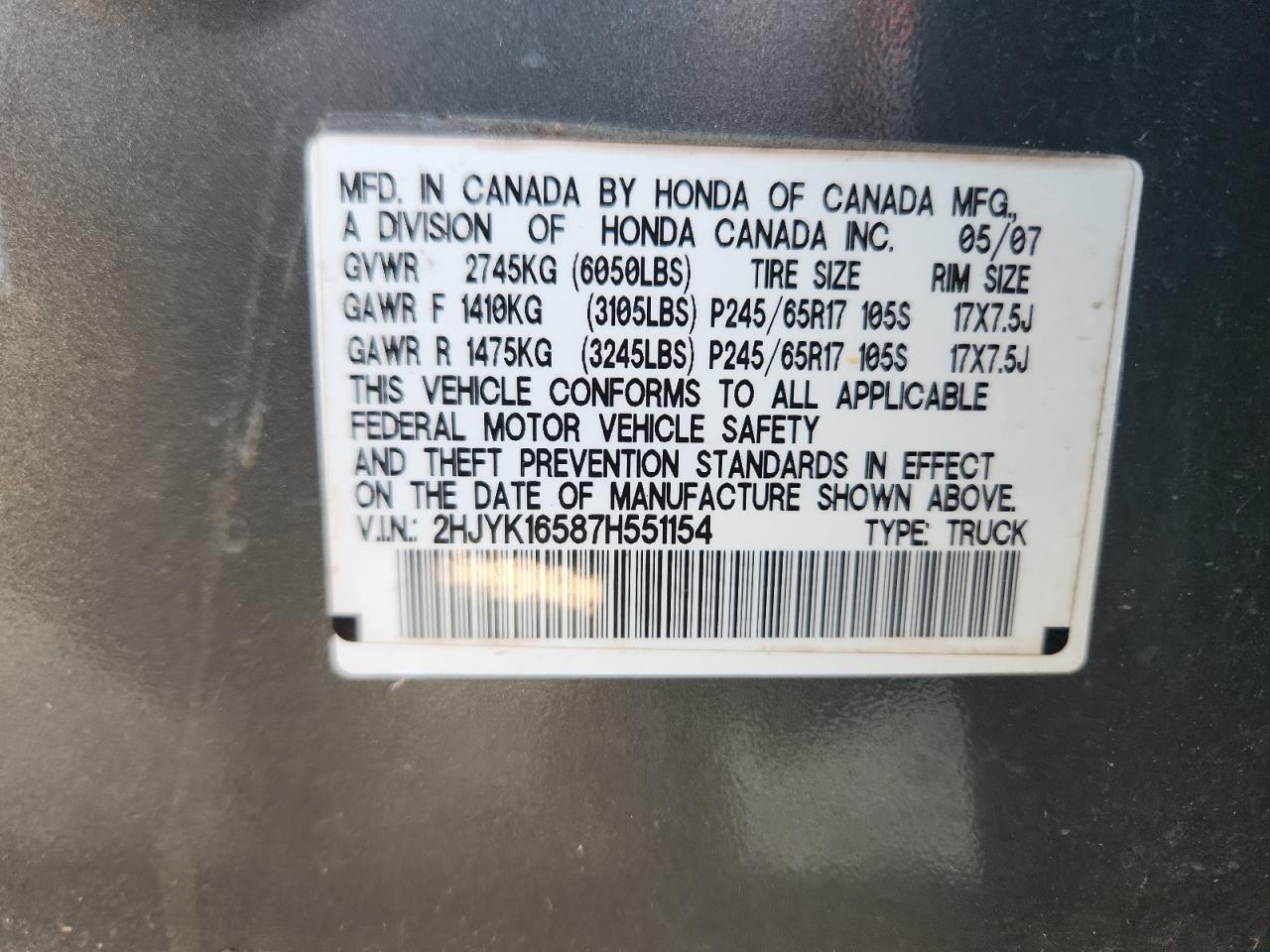 2007 Honda Ridgeline Rtl VIN: 2HJYK16587H551154 Lot: 85925075