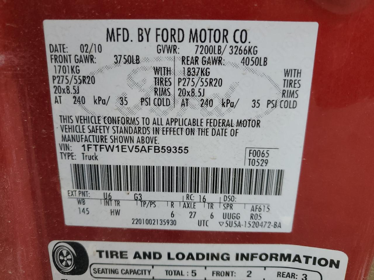 2010 Ford F150 Supercrew VIN: 1FTFW1EV5AFB59355 Lot: 85260295