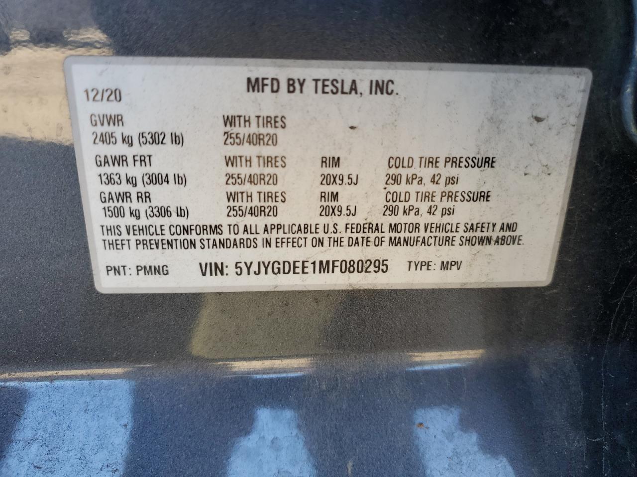 2021 Tesla Model Y VIN: 5YJYGDEE1MF080295 Lot: 89733975