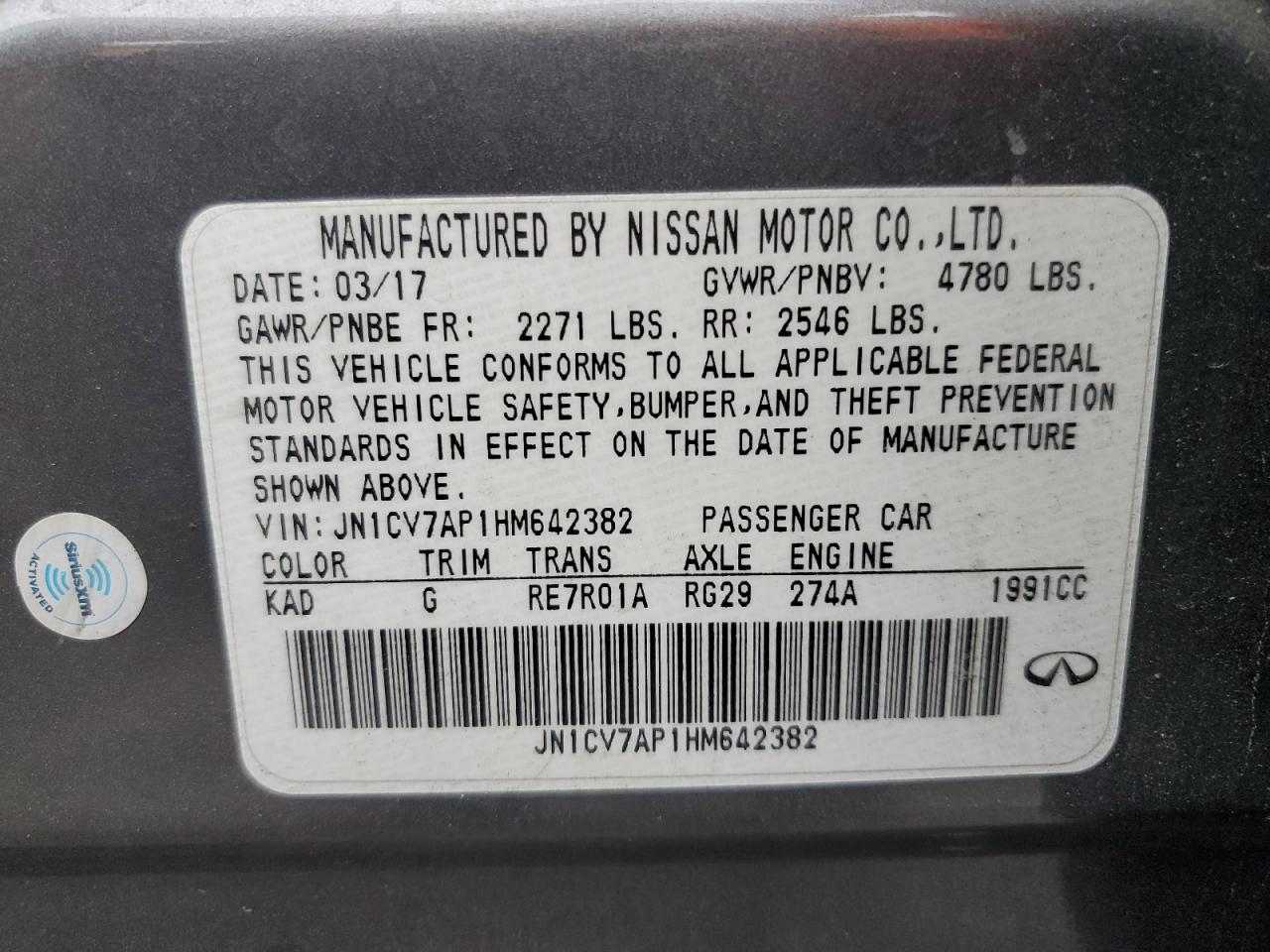 2017 Infiniti Q50 Base VIN: JN1CV7AP1HM642382 Lot: 82200415