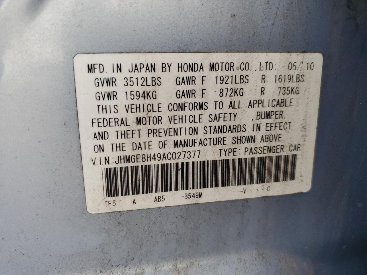 2010 Honda Fit Sport VIN: JHMGE8H49AC027377 Lot: 85172305